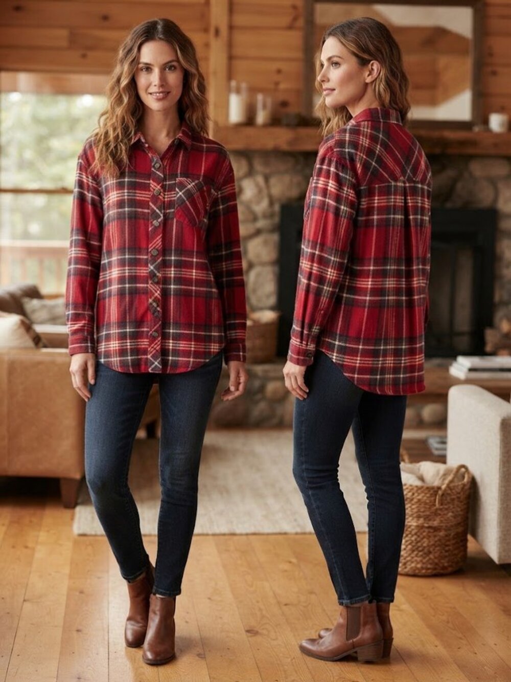 Maurices Plaid Flannel Red Blue White Women's Long Sleeves Polo Shirt Size Small